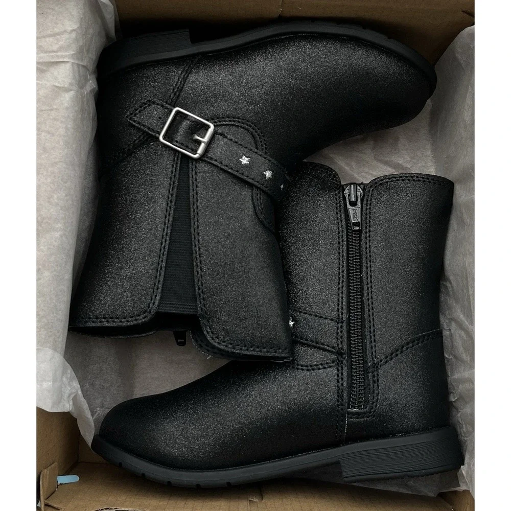 Stride Rite Toddler Girls Lizz Mid Calf Boots Size 10 WIDE Black Shimmer Easy On